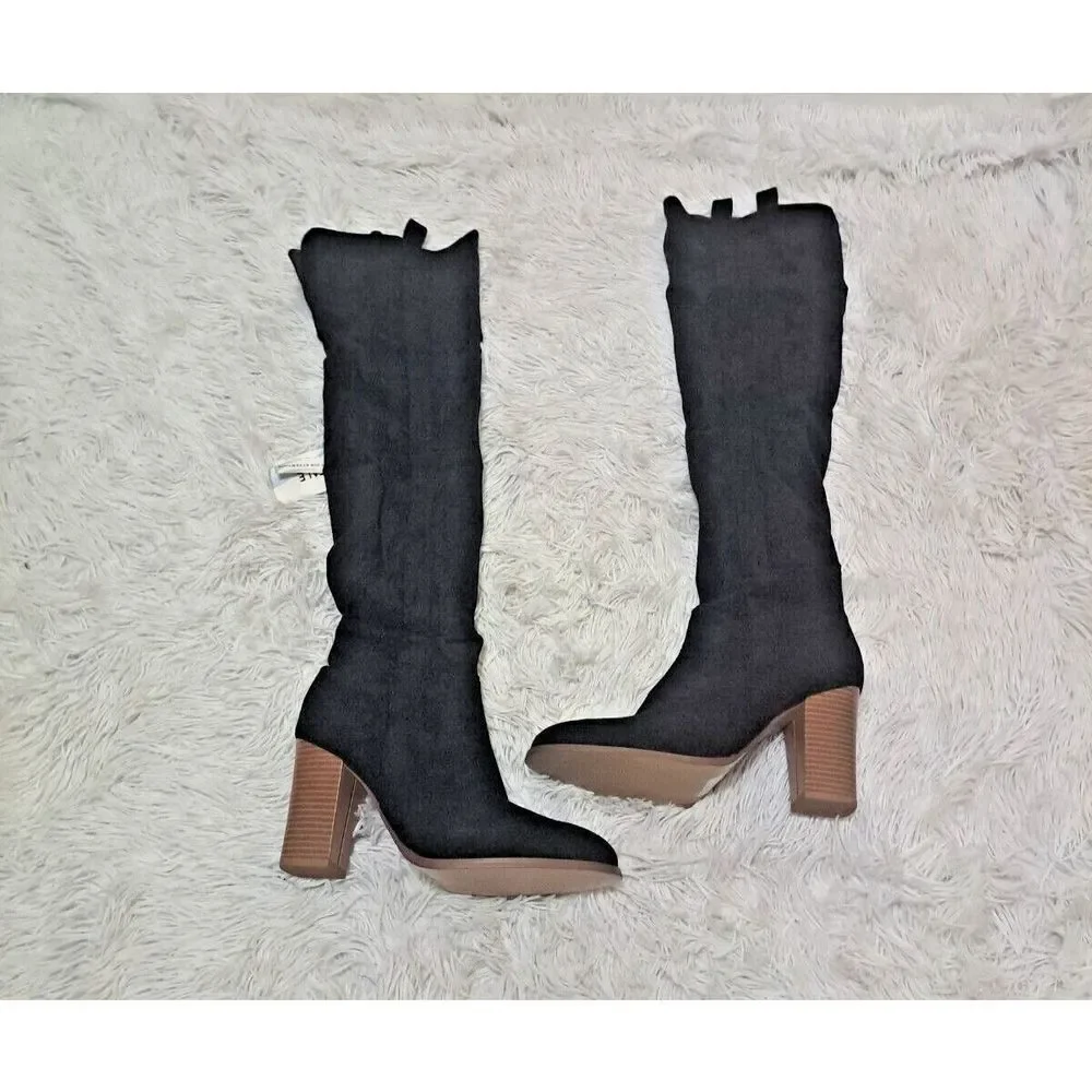 Shoe'N Tale Boots Women Black Faux Suede Chunky Heel  Over‎ The Knee Thigh High